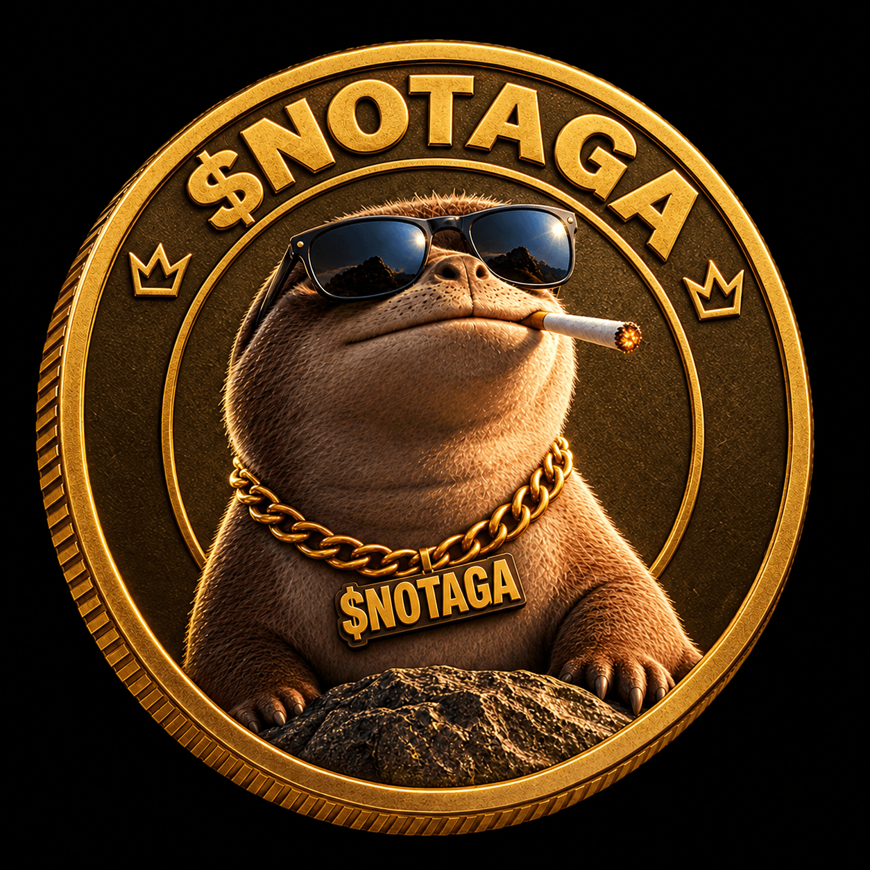 Close-up of the NOTAGA mascot in black sunglasses and a gold chain.